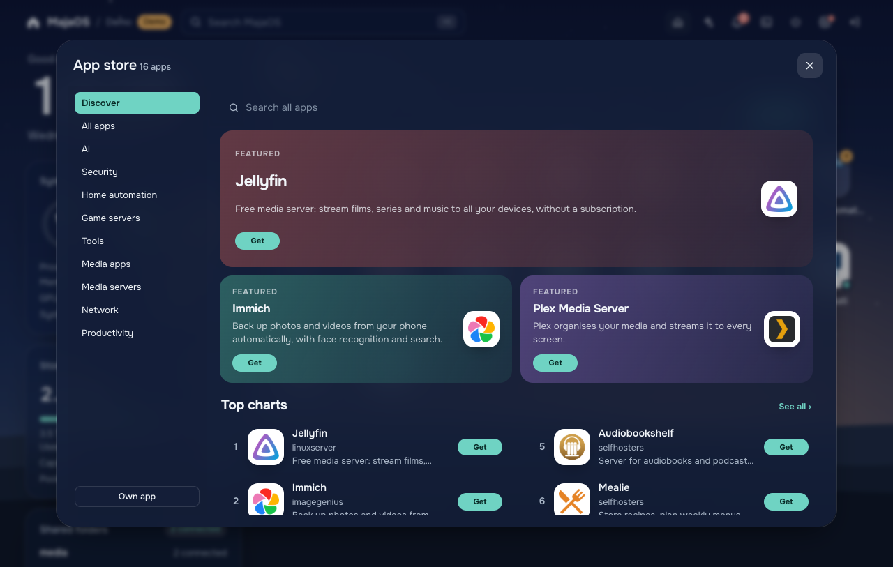 The MajaOS app store with featured apps and categories
