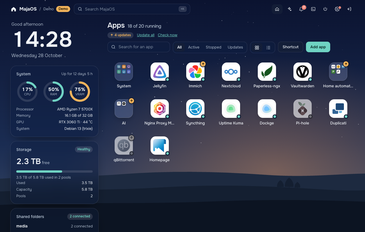 The MajaOS home screen: apps as icons, system and storage widgets, on a landscape